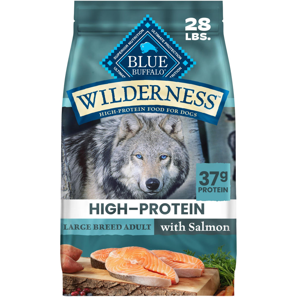 Blue Buffalo emballage avant 28 lb montrant la recette saumon et bénéfice naturel