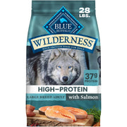 Blue Buffalo emballage avant 28 lb montrant la recette saumon et bénéfice naturel