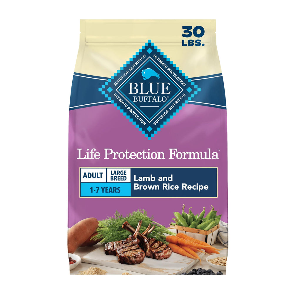Blue Buffalo emballage avant 30 lb montrant la formule Lamb bénéfice nutritionnel
