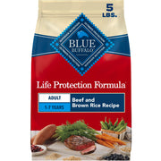 Blue Buffalo emballage avant 5 lb montrant la recette bœuf et riz, nutrition fiable