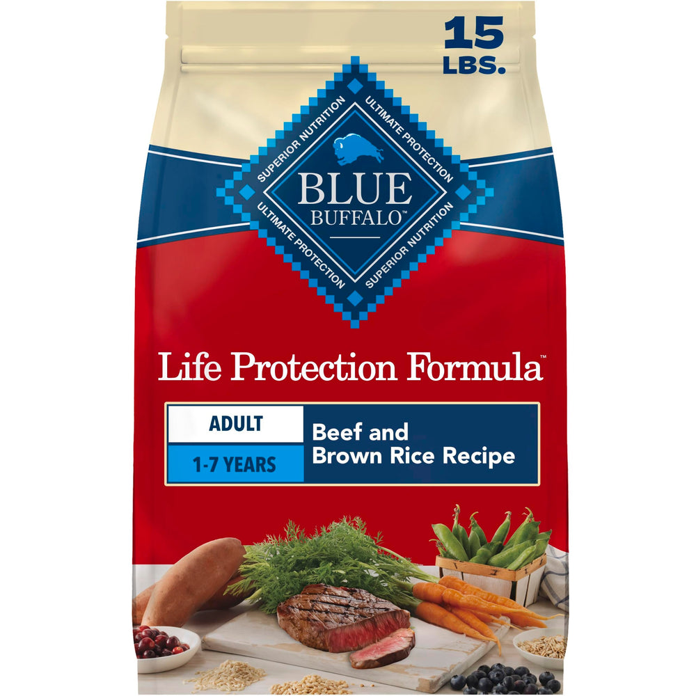 Blue Buffalo emballage avant montrant bœuf et riz brun pour nutrition complète