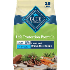 Blue Buffalo emballage avant montrant la recette pour petits chiens et informations clés