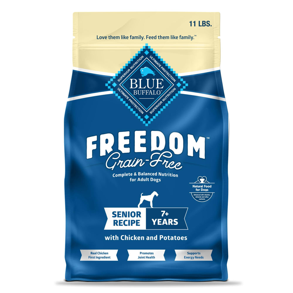 Blue Buffalo sac avant montrant recette senior et bénéfices nutritionnels