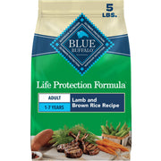 Blue Buffalo emballage avant 5 lb montrant la recette agneau et riz brun, confiance nutritionnelle