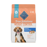 Blue Buffalo sac avant 24 lb montrant recette contrôle du poids et bénéfice satiété
