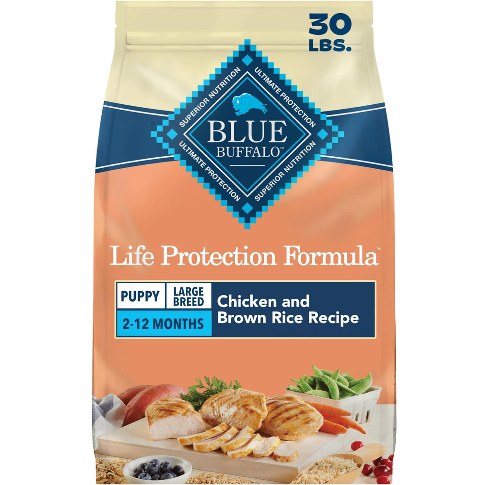 Blue Buffalo sac avant poulet 30 lb affichant informations nutritionnelles et bénéfice croissance
