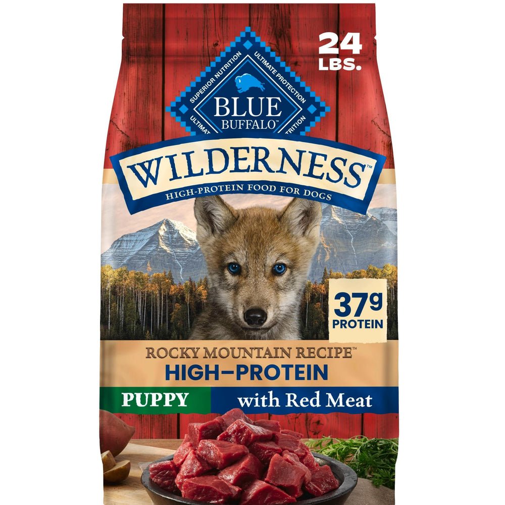 Blue Buffalo sachet face avant montrant recette Rocky Mountain et bénéfice protéines