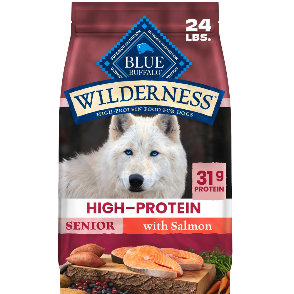 Blue Buffalo sac 24 lb devant montrant recette saumon et bénéfice haute protéine
