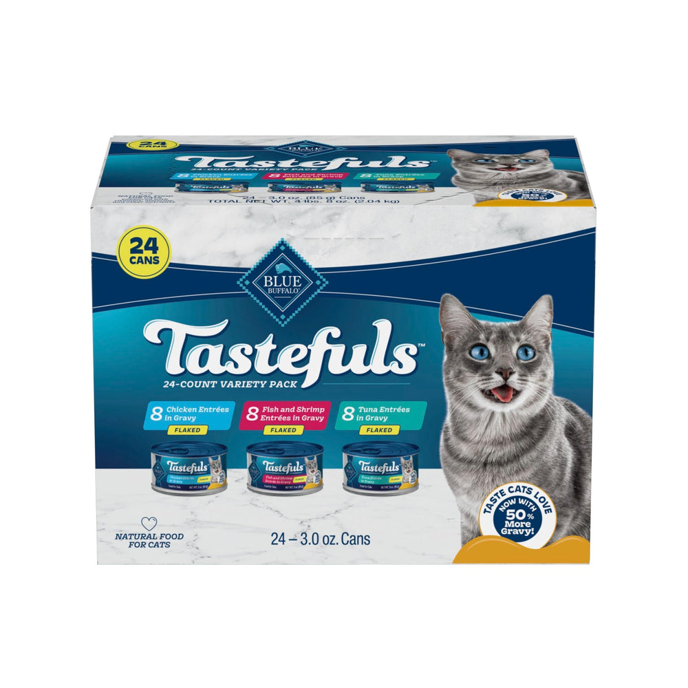 Blue Buffalo packaging avant montrant l’assortiment Tastefuls et l’équilibre nutritionnel