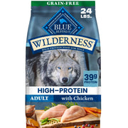 Blue Wilderness emballage avant montrant le sac et l'information clé pour nutrition