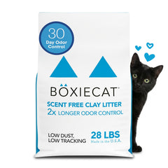 Boxiecat emballage 28 lb montrant le sac et bénéfice longue durée