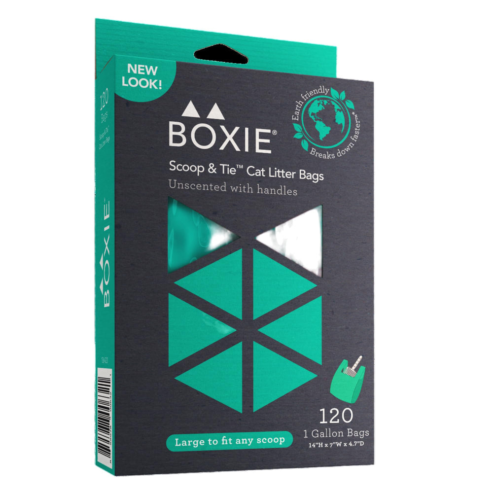 Boxiecat emballage avant montrant 120 sacs et informations produit, pratique pour repérage