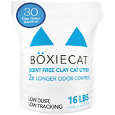 Boxiecat emballage 16 lb montrant durée et avantages pour maison propre