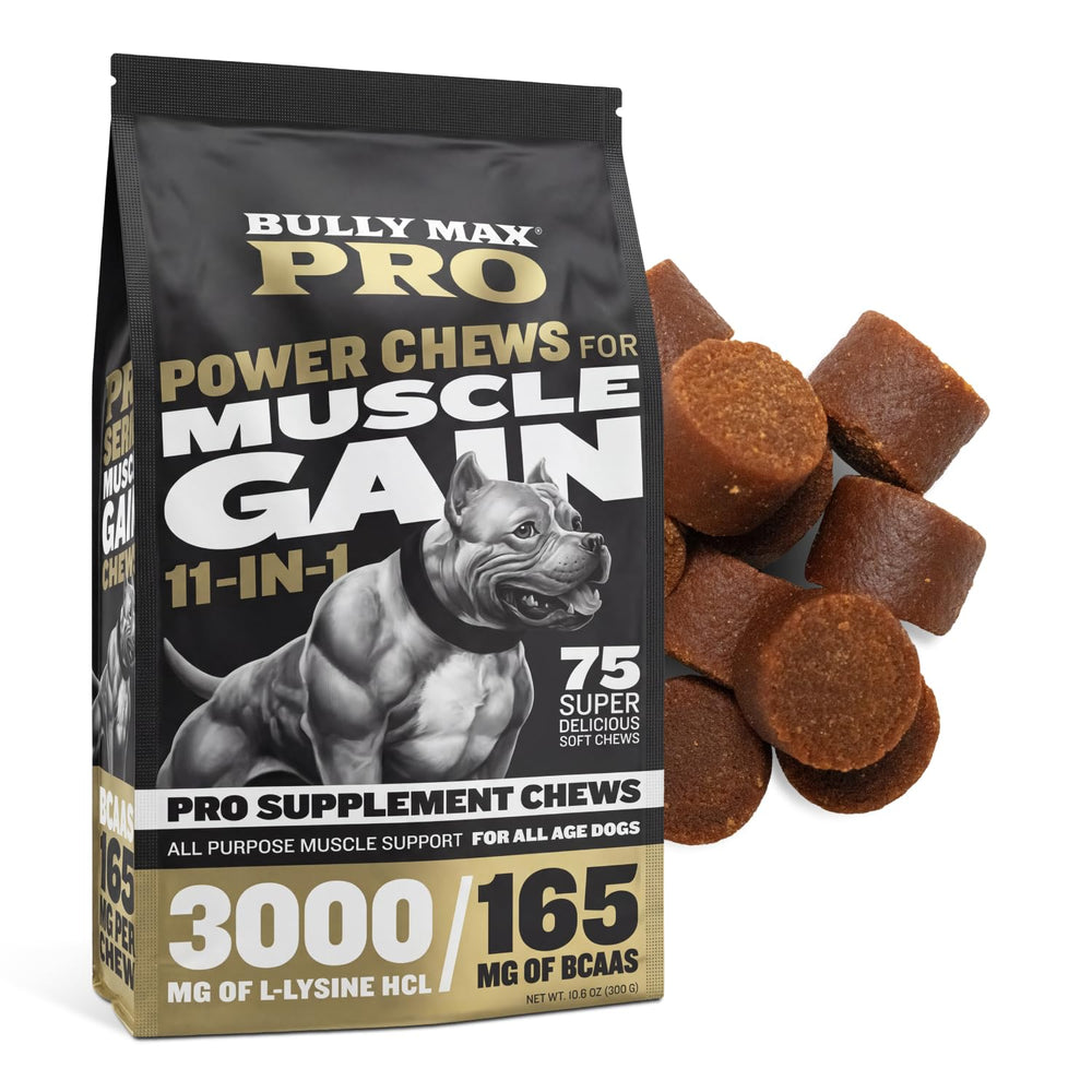 Bully Max emballage avant montrant le sachet de 75 chews pour construction musculaire