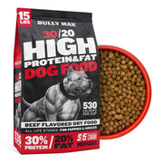 Bully Max emballage avant montrant sac 15 lb et avantage calories élevées