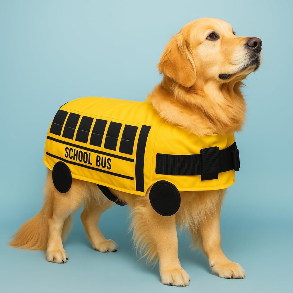 Bulyoou vue avant du costume bus scolaire montrant le design ludique et la visibilité