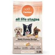 CANIDAE sac 5 lb face avant montrant la formule multi-protéines et bénéfice praticité