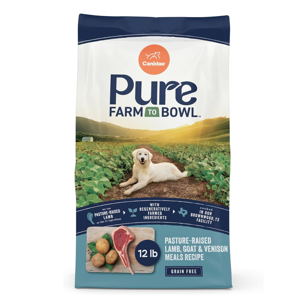 CANIDAE sac face avant 12 lb montrant la recette pasture-raised et bénéfice qualité