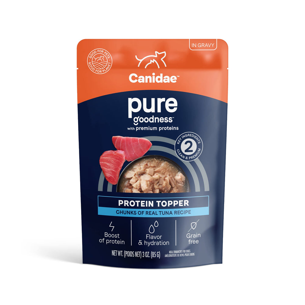 CANIDAE emballage avant du topper thon montrant format lot de 12 utile pour stockage