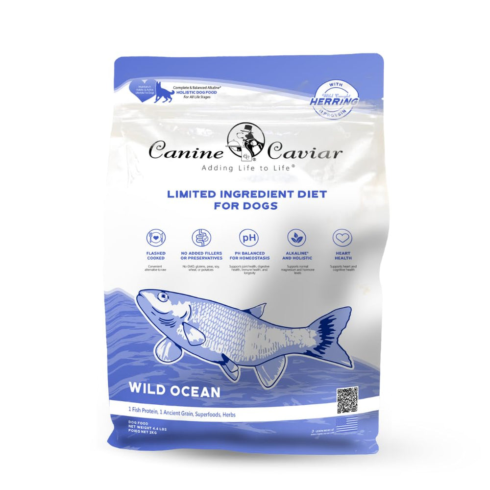 Canine Caviar emballage face montrant recette Wild Ocean et bénéfice nutritionnel