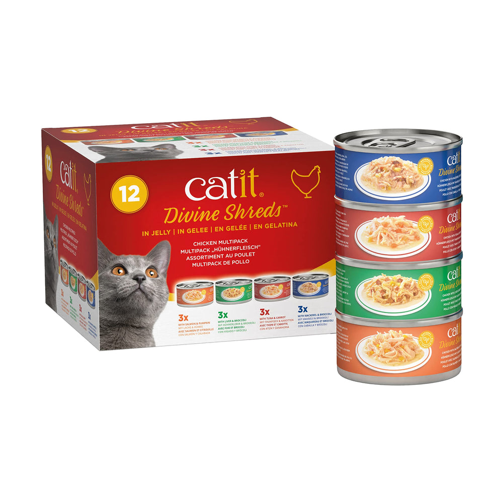 Catit Divine Shreds emballage avant montrant morceaux de poulet en gelée, hydrate et enrichit l'alimentation