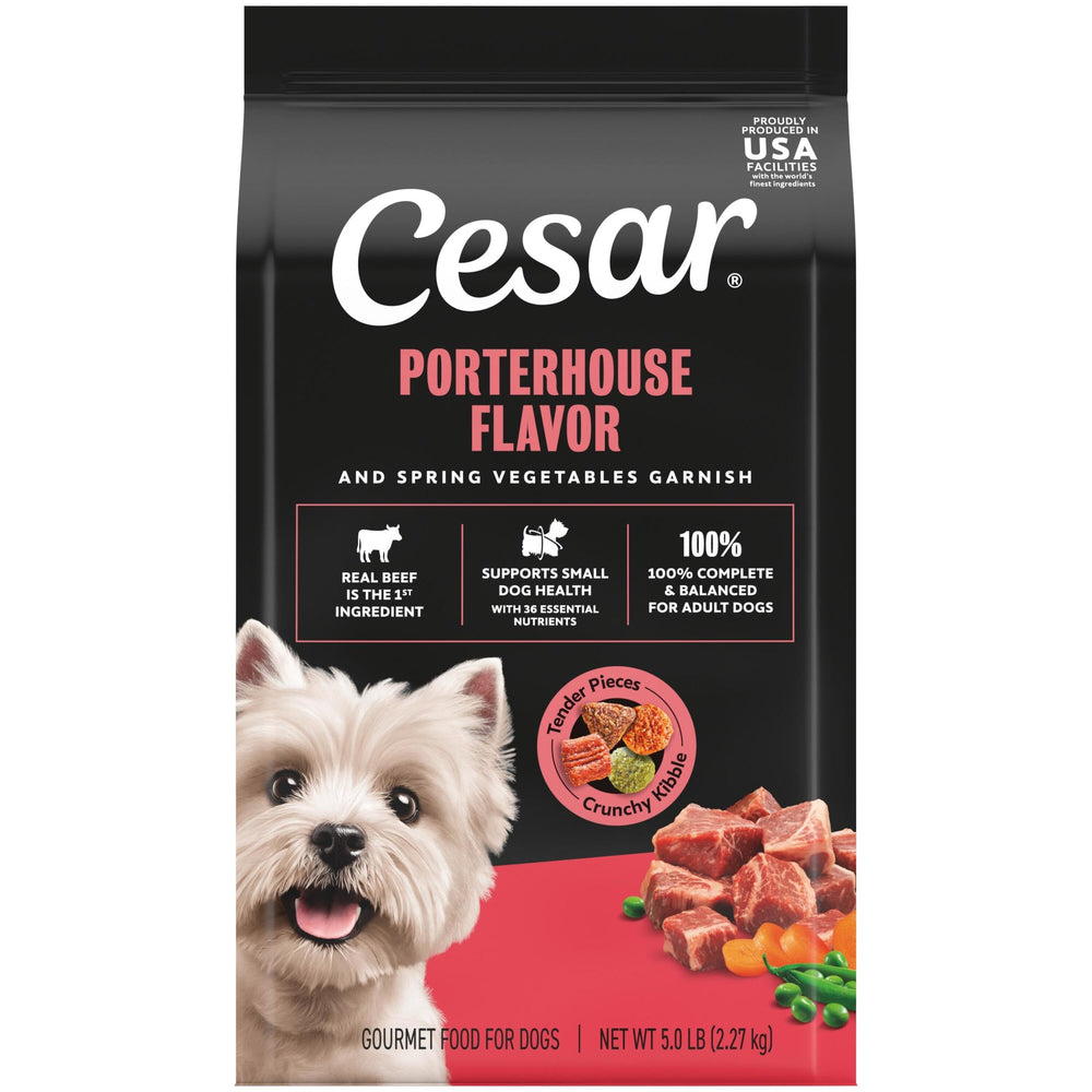 Cesar sac avant montrant la saveur Porterhouse et légumes de printemps, appétence
