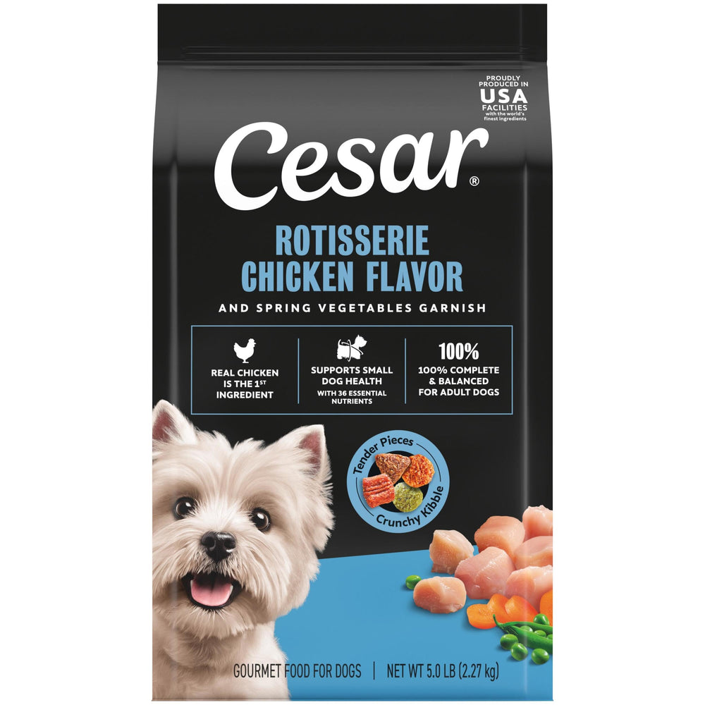 Cesar face du paquet montrant saveur poulet et légumes et facilité d'utilisation