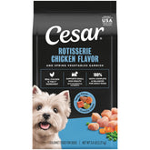 Cesar face du paquet montrant saveur poulet et légumes et facilité d'utilisation
