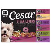 Cesar packaging recto montrant le lot Steak Lovers et l'avantage de la vraie viande