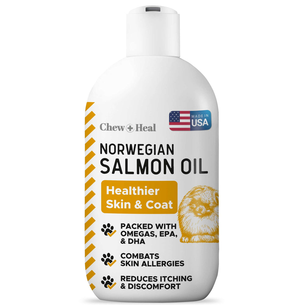 Chew + Heal Labs bouteille face montrant l'étiquette et bénéfice pelage brillant