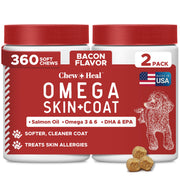 Chew + Heal Labs emballage avant montrant 360 soft chews pour routine peau