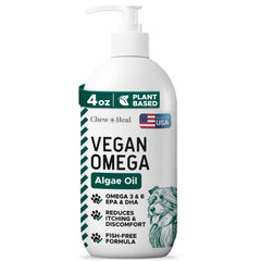 Chew + Heal Labs flacon avant montrant l'étiquette claire et l'avantage oméga‑3 végétal