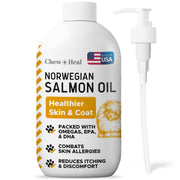 Chew + Heal Labs flacon face montrant l'huile de saumon, facilite l'ajout nutritif