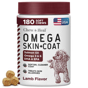 Chew + Heal Labs emballage avant montrant 180 chews pour peau et pelage