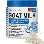 Chew + Heal Labs bocal de lait de chèvre en poudre montrant l'emballage, confiance et praticité