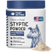 Chew + Heal Labs pot de poudre styptique en gros plan montrant l'emballage pratique