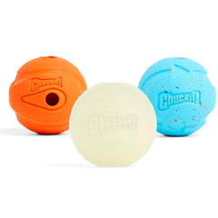 Chuckit! face avant du pack montrant les trois balles et l’emballage attractif