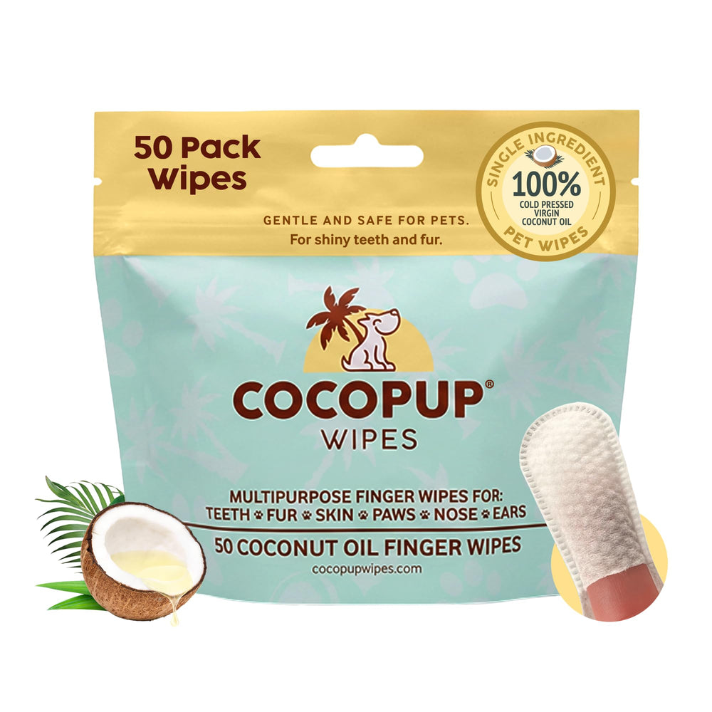 Cocopup emballage avant montrant 50 lingettes, pratique et compact