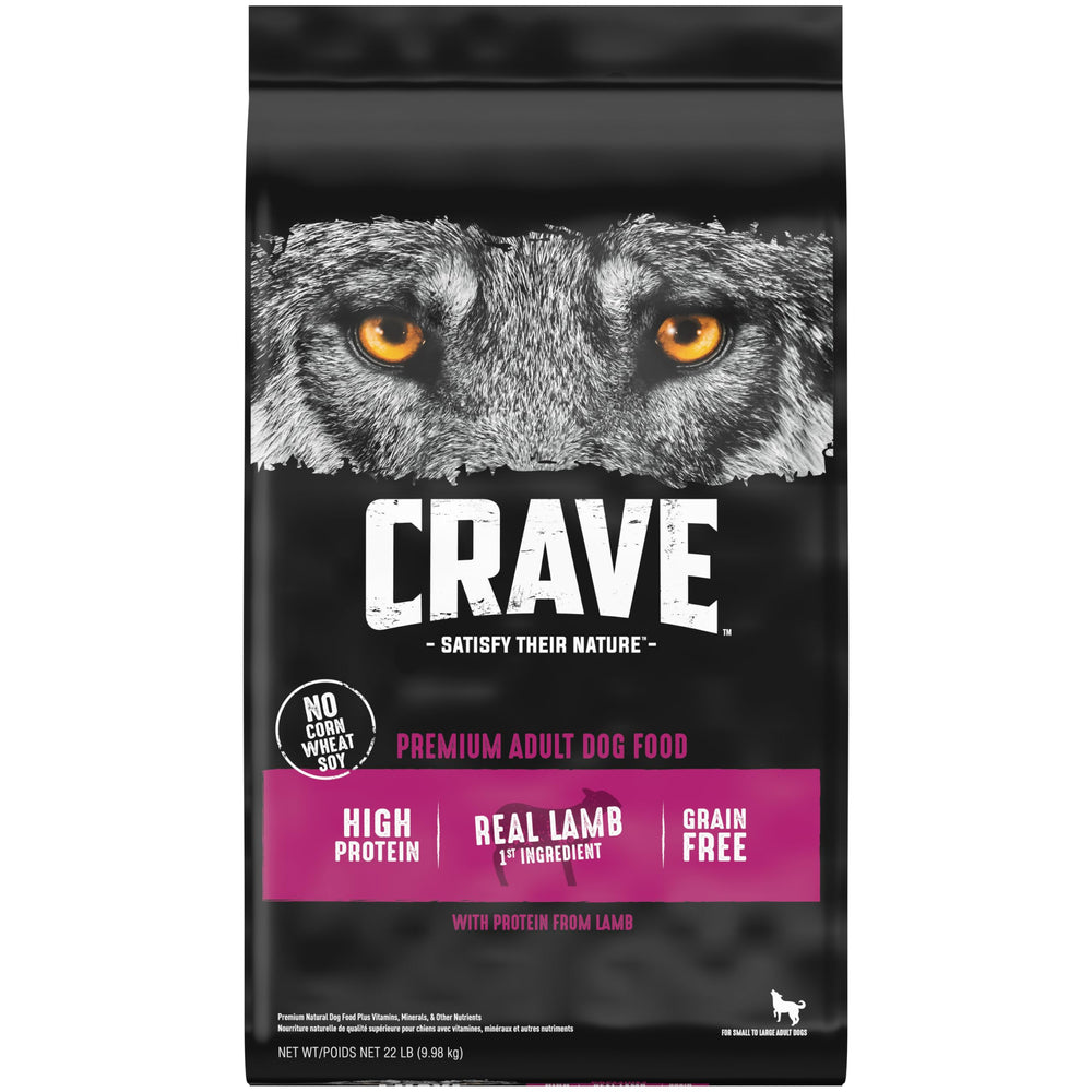 crave sac avant montrant recette agneau et bénéfice haute protéine