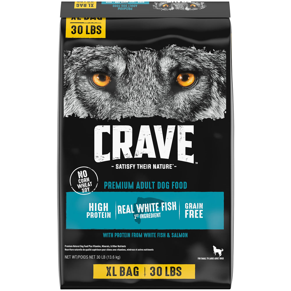 CRAVE sac 30 lb face avant montrant marque et bénéfice conservation