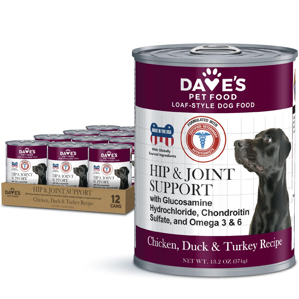 Dave's Pet Food face avant de la boîte montrant l'étiquette claire et bénéfice mobilité