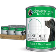 Dave's Pet Food boîte frontale agneau et riz montrant l'emballage et praticité