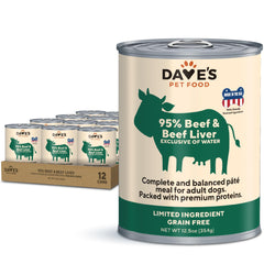 Dave's Pet Food canette montrant l'emballage et bénéfice haute protéine