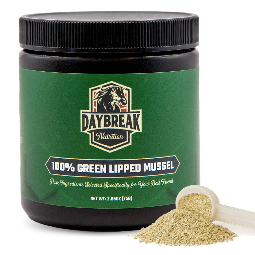 Daybreak Nutrition paquet de poudre de moule à lèvres vertes, présentation claire et bénéfice pureté