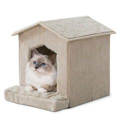 DEBANG HOME vue avant de la maison chat beige, refuge confortable