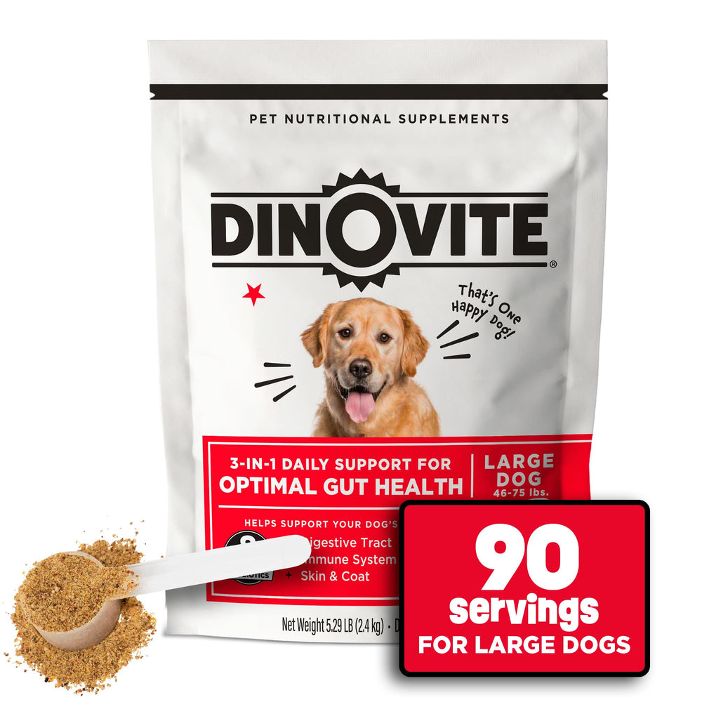 Dinovite emballage face montrant le topper probiotique pour grands chiens bénéfice digestion