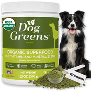 Dog Greens étiquette frontale montrant le pot et bénéfice nutritionnel