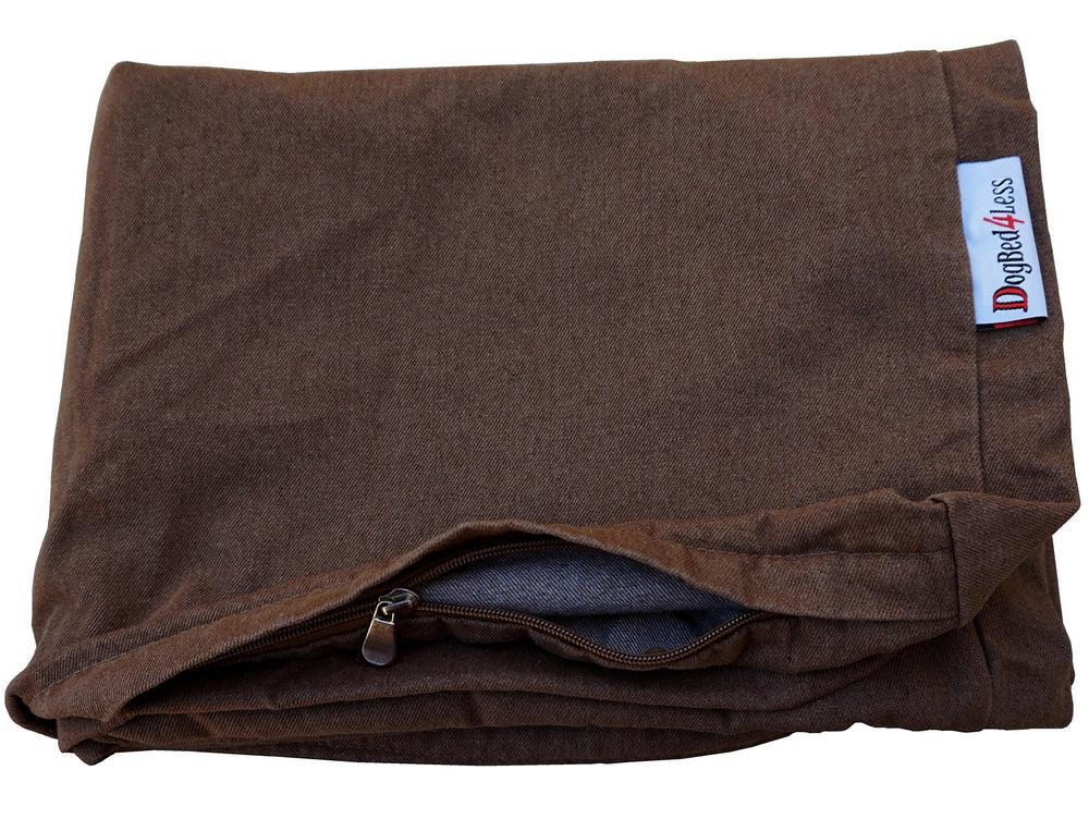 Dogbed4less housse face avant en denim marron montrant la finition résistante