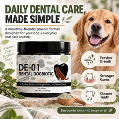 Dogbiotics dental sachet ouvert montrant la poudre, facilite l’ajout aux repas