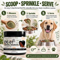 Dogbiotics dental en train d’être saupoudré sur nourriture, simplifie la routine sans brosse